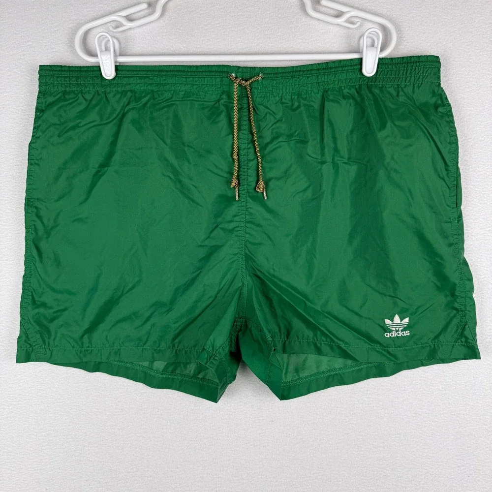 Vintage 80s Adidas Swim Shorts Mens Large Green Trefoil Logo Lined Nylon Trunks